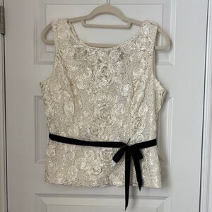 Alex Evenings Cream Sequin Floral Tank with Black Waist Tie